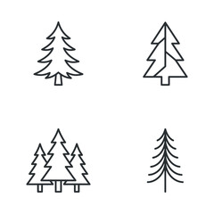 Fototapeta premium Collection of simple line drawings of various pine trees in different styles and arrangements
