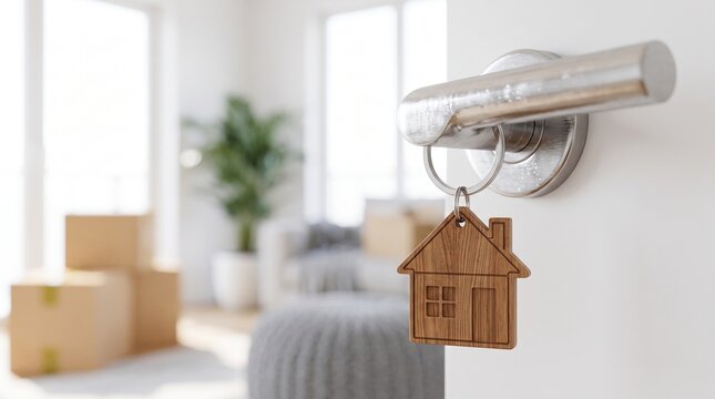 Wooden house keychain hanging on modern door handle moving boxes blurred background relocation