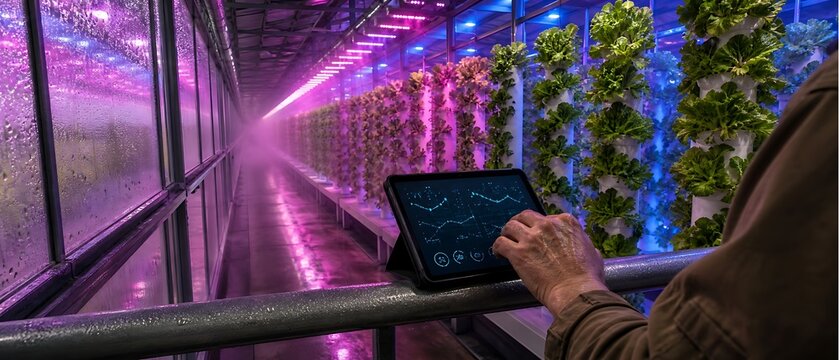 Person using a tablet in a high-tech indoor vertical farming facility with glowing plants