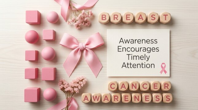 Breast cancer awareness pink ribbons and wooden letter blocks on a wooden table with a card reading awareness encourages timely attention showcasing health support for women medical marketing