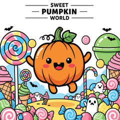 Fototapeta premium Cute happy pumpkin mascot surrounded by candies in sweet world vector