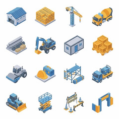 Isometric construction site elements and heavy machinery set for building and development projects. © ahmad