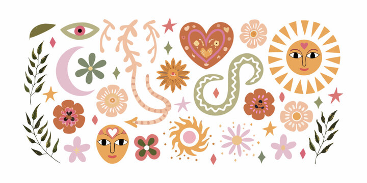 Boho Style Floral Ornament With Celestial Elements Vector Illustration