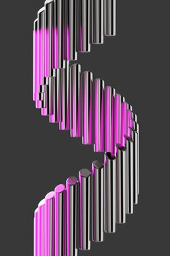 Abstract vertical metallic bars with pink light 3D computer generated