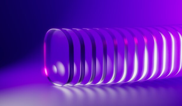 Transparent rounded glass blocks with purple neon lighting 3D computer generated