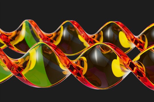 Colorful transparent spiral ribbon with yellow red and green reflections 3D computer generated