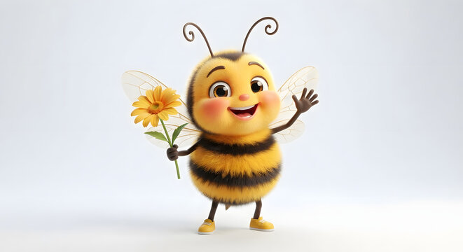 Adorable chibi bumblebee mascot with fuzzy fur stripes and transparent wings wearing yellow shoes, 3D rendering