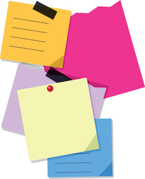Colorful sticky notes and memo papers with tape and push pin