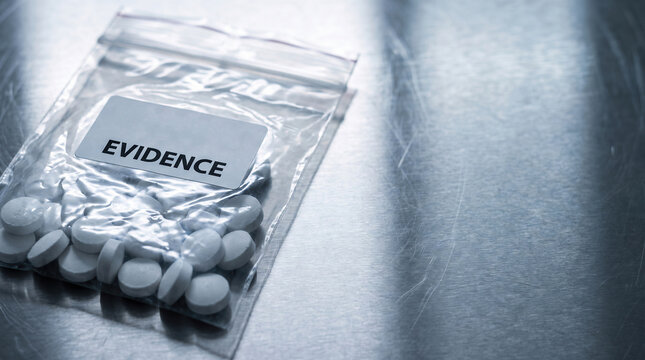 Forensic evidence collection: illicit pills sealed in bag on metallic background, symbolizing crime investigation and legal proceedings.