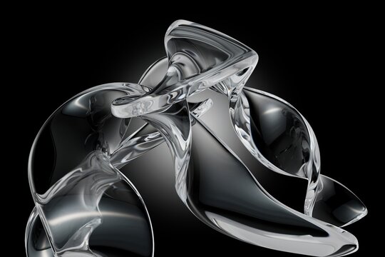 Abstract transparent glass ribbon sculpture on black background 3D computer generated