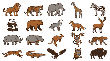 Obraz premium Colorful wild animal stickers including lion elephant and tiger.