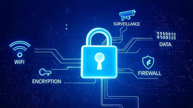 Digital Security Concept with Padlock, Firewall, Encryption and Surveillance Icons on Circuit Board Background
