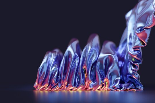 Colorful glossy liquid wave sculpture on dark background 3D computer generated