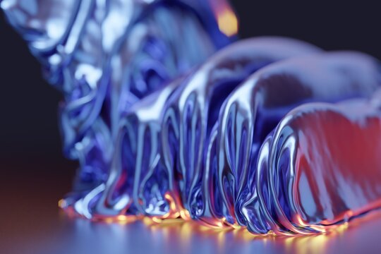 Glossy blue liquid ribbon wave with warm reflections 3D computer generated