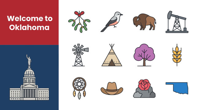 Oklahoma state icons are arranged in this informational graphic illustrating the cultural history and natural resources of the territory.