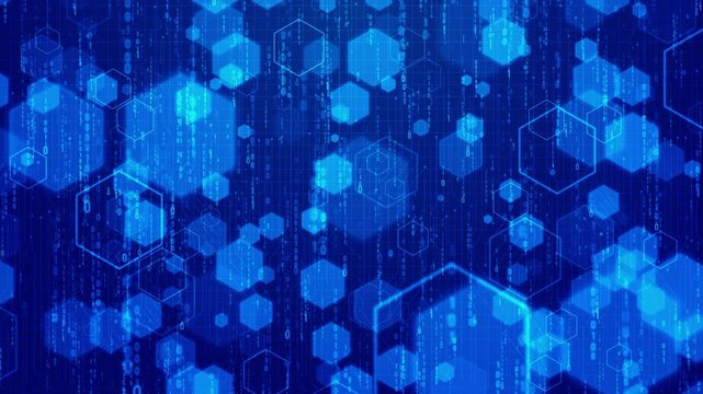 Digital hex matrix visual with blue binary rain, glowing polygon layers, and abstract technology texture. Perfect for data science videos, coding backgrounds, cyber intros, and motion overlays.