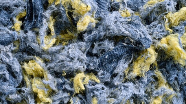 Abstract textured background of shredded denim and yellow fibers