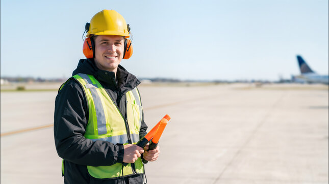 Airport ground staff, smiling man holding marshalling wands on tarmac with aircraft, aviation industry professional.