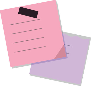 Pink and purple square sticky notes with lines attached by black tape