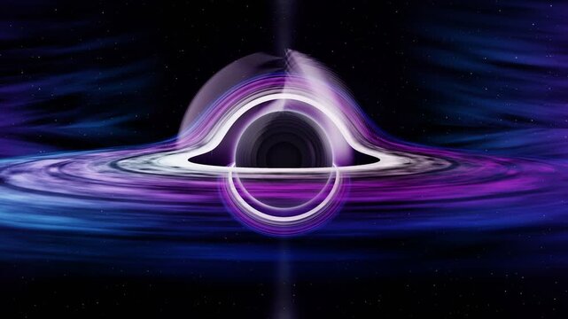 Cinematic black hole with glowing purple accretion disk in deep space. 4K Video