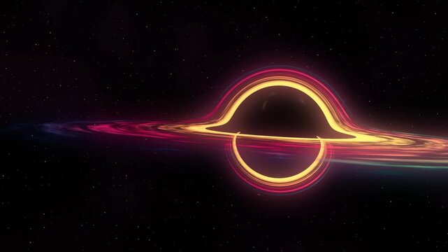 Cinematic black hole with glowing orange accretion disk in space. 4K Video