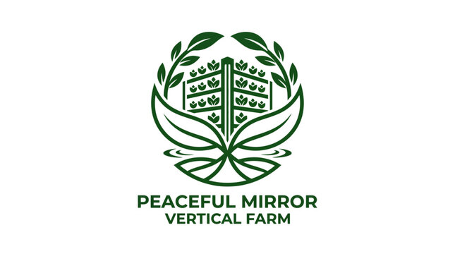 Vertical farm logo with mirrored leaves and structure.