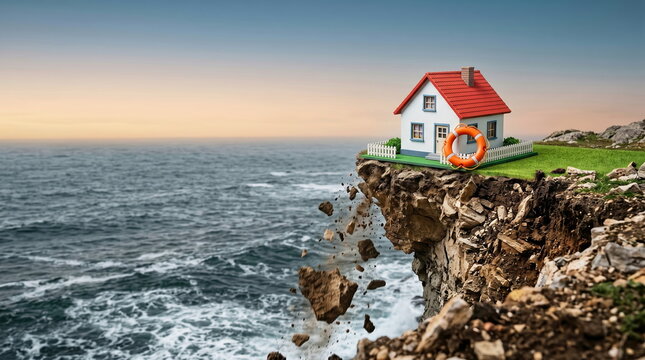 Home on crumbling cliff with lifebuoy overlooking stormy ocean under dramatic sky, symbolizing property risk and urgent protection.