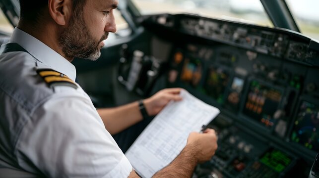 A pilot in uniform reviews a checklist while seated inside an aircraft cockpit filled with illuminated controls and instruments