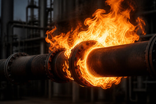 A large industrial pipe is engulfed in intense flames within a factory setting.