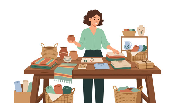 A smiling woman sells handmade goods, including pottery, textiles, and jewelry, at a charming market stall in this flat vector illustration.