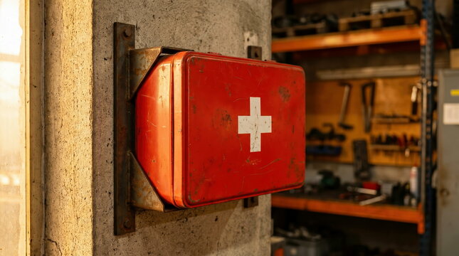 First aid kit mounted on concrete wall in industrial workshop, workplace safety and emergency preparedness concept.