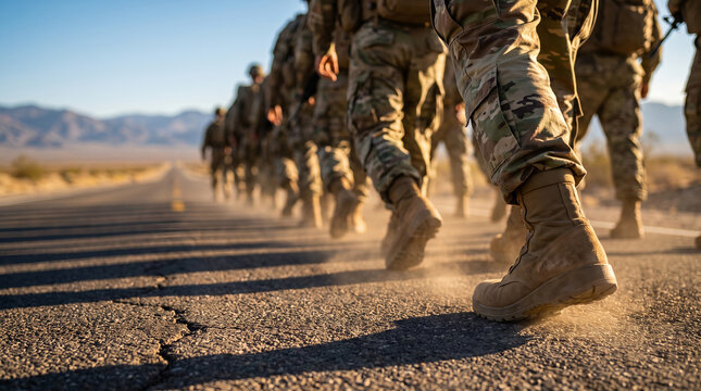 Military soldiers in camouflage, low angle view of combat boots kicking up dust, marching in line formation, desert asphalt highway, military photography