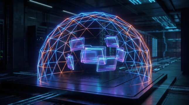 Digital Shield Protecting Data: A futuristic digital shield, rendered as a glowing geodesic dome made of wireframe polygons and light, encases glowing cubes representing data or information.