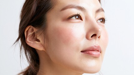 Fototapeta premium Close up profile shot of an asian woman with clear glowing skin