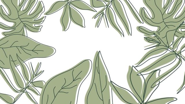Minimalist botanical frame featuring elegant hand-drawn tropical leaves in soft sage green on a clean white background. A modern nature-inspired border design with a spacious center for invitations, q