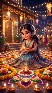 Colorful festive artwork featuring a smiling young girl lighting traditional diyas beside an intricate rangoli during the joyful celebration of Diwali