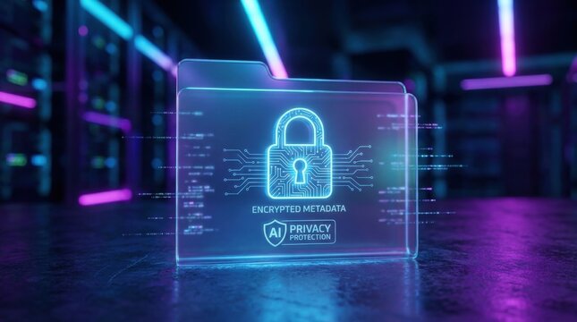 Cyber Security Folder with Padlock Icon: A glowing digital folder displaying a padlock icon and the text Encrypted Metadata sits in a futuristic server room, illuminated by neon blue and pink lights.