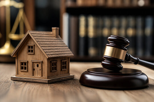 A wooden house model and a gavel rest on a wooden desk with law books in the background.