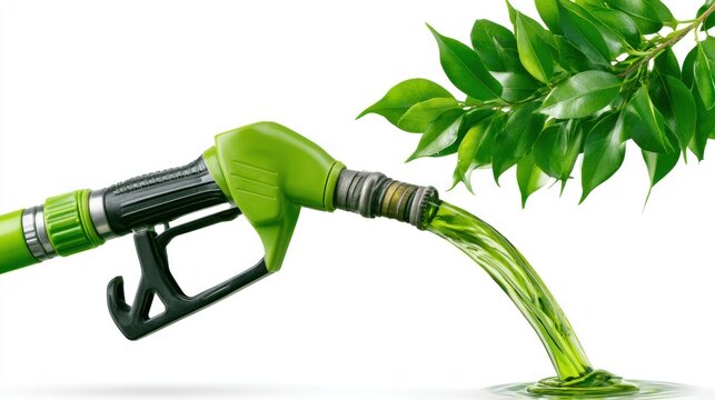 Green fuel pouring from nozzle with leaves