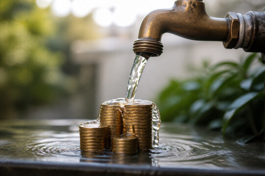 Water flows from an old faucet onto a stack of gold coins in a garden setting.