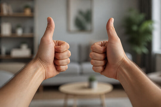 Two hands giving a thumbs up in a blurred indoor living room setting.