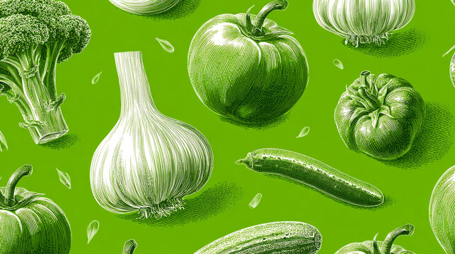 Green vegetables pattern illustration on bright background.