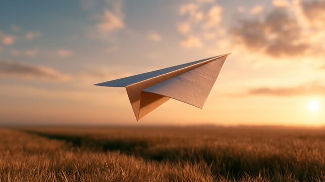 Paper airplane flying over a field at sunset
