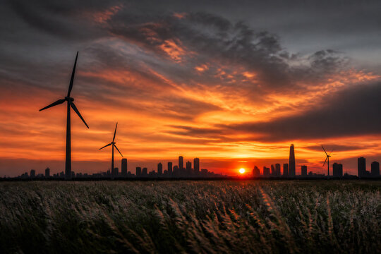 Wind turbines silhouetted against a vibrant sunset over a field and city skyline.