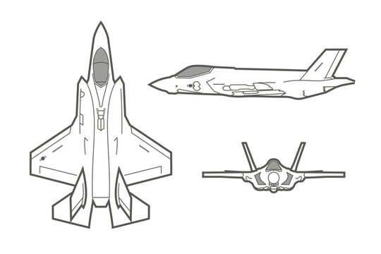 Drawings united states modern combat aeroplane F35. Different views of a fighter jet showing front, side, and top perspectives of the aircraft. Vector illustration.