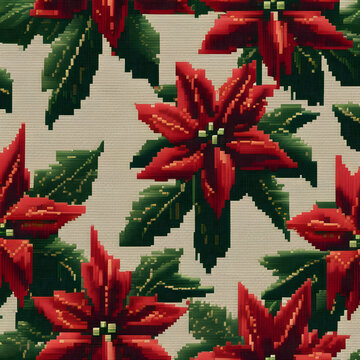 Seamless cross stitch style pattern with red poinsettia flowers and green leaves on beige background