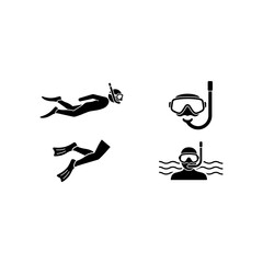Set of black silhouette icons depicting snorkeling and scuba diving activities. © wankbay