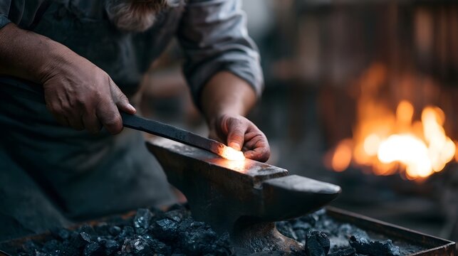 A blacksmith carefully hammers a glowing hot metal piece on an anvil surrounded by coals and firelight