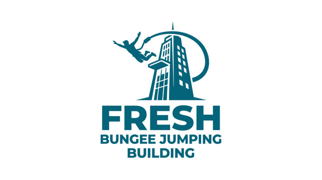 Bungee jumping logo featuring person leaping from skyscraper.