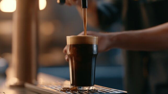 Bartender pouring dark beer into a glass